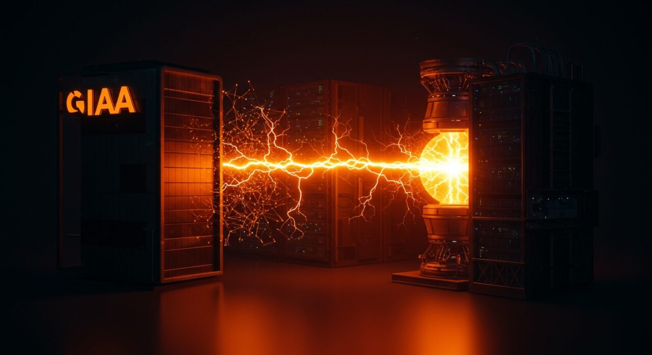 Fusión nuclear estratégica entre Trump Media y TAE Technologies con elementos de IA y centros de datos en paleta naranja y negro.