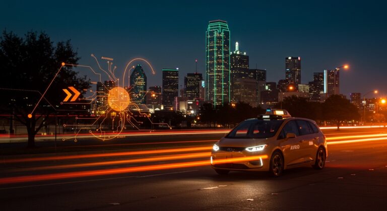 Robotaxi autónomo de Uber y Avride en Dallas representando el futuro de la movilidad autónoma y startups tecnológicas.