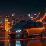 Robotaxi autónomo de Uber, Lyft y Baidu circulando en Londres con interfaz digital que representa movilidad autónoma y tecnología de transporte AI.