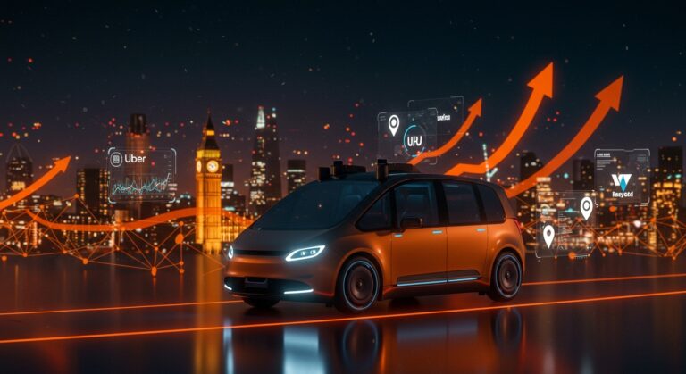 Robotaxi autónomo de Uber, Lyft y Baidu circulando en Londres con interfaz digital que representa movilidad autónoma y tecnología de transporte AI.