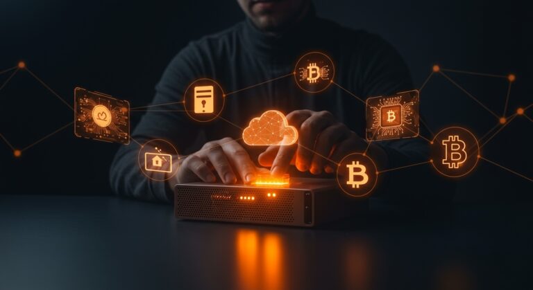 Founder gestionando su nube personal y automatización del hogar con máxima privacidad y nodos Bitcoin en un entorno digital avanzado.