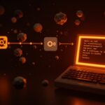 Terminal vintage con código Unix V4 iluminado en naranja y negro, simbolizando la evolución del software abierto y su impacto histórico en tecnología.