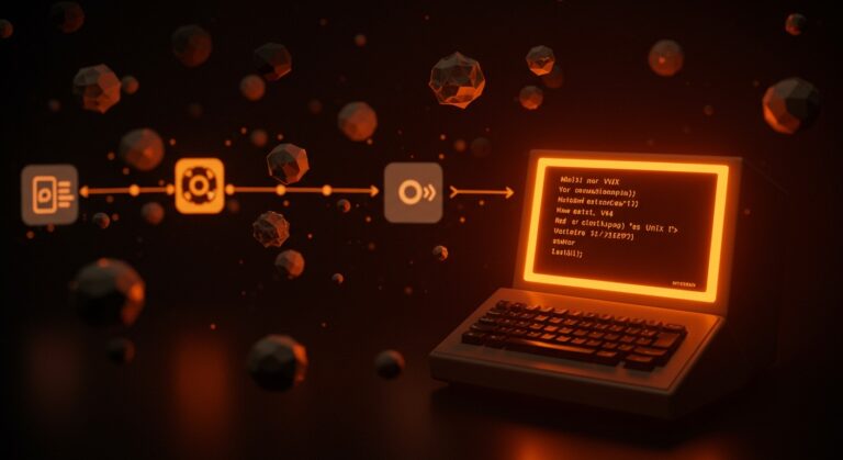 Terminal vintage con código Unix V4 iluminado en naranja y negro, simbolizando la evolución del software abierto y su impacto histórico en tecnología.
