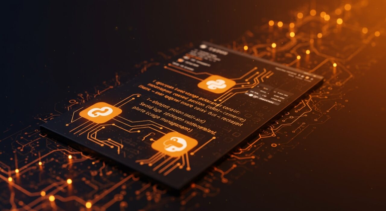 Interfaz futurista de gestor de paquetes Python ultrarrápido basado en Rust, destacando eficiencia y optimización para startups tecnológicas.