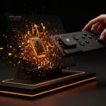 Steam Deck retirado en escena futurista, ilustrando la optimización de hardware gaming y tendencias del mercado tecnológico de Valve.