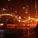 Vehículos autónomos circulando en una ciudad futurista con un fundador tecnológico observando, simbolizando tendencias clave y aceleración en movilidad autónoma en 2025.