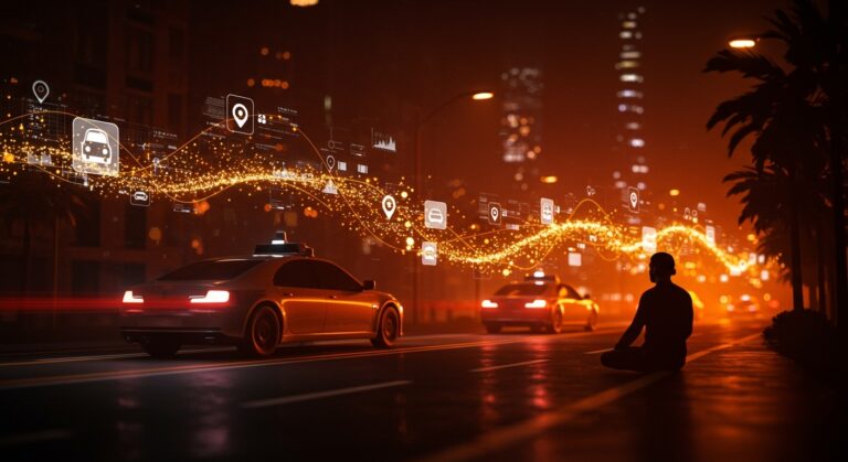 Vehículos autónomos circulando en una ciudad futurista con un fundador tecnológico observando, simbolizando tendencias clave y aceleración en movilidad autónoma en 2025.