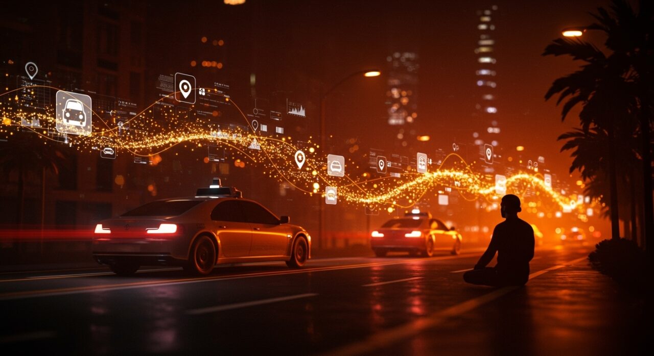 Vehículos autónomos circulando en una ciudad futurista con un fundador tecnológico observando, simbolizando tendencias clave y aceleración en movilidad autónoma en 2025.