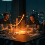 Startup LATAM recibiendo inversión de venture capital en un ambiente colaborativo con gráficos de crecimiento y simbolismos de escala regional y tracción.