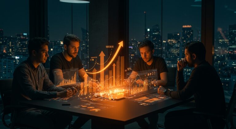 Startup LATAM recibiendo inversión de venture capital en un ambiente colaborativo con gráficos de crecimiento y simbolismos de escala regional y tracción.