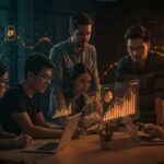 Inversionistas y emprendedores latinoamericanos colaborando en fintech y venture capital con gráficos digitales en un espacio moderno.