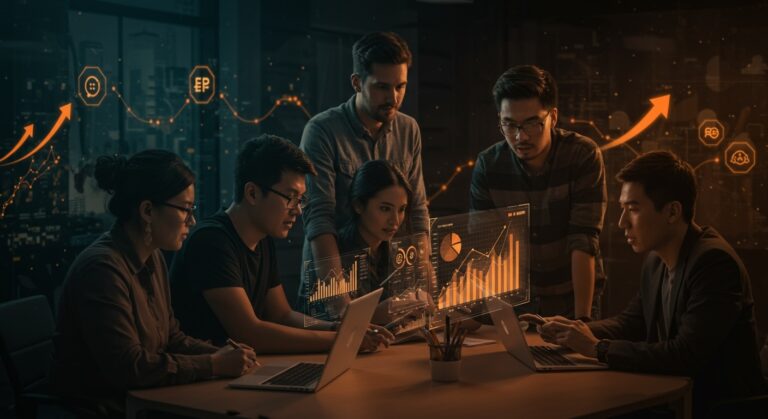 Inversionistas y emprendedores latinoamericanos colaborando en fintech y venture capital con gráficos digitales en un espacio moderno.