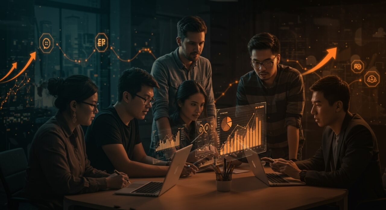 Inversionistas y emprendedores latinoamericanos colaborando en fintech y venture capital con gráficos digitales en un espacio moderno.