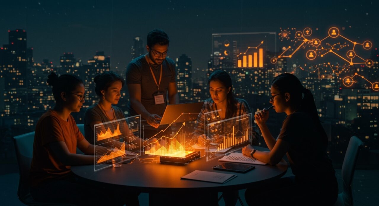 Fundadores de startups latinoamericanas colaborando con flujos de venture capital y metáforas visuales de inversión e impacto social en tecnología.