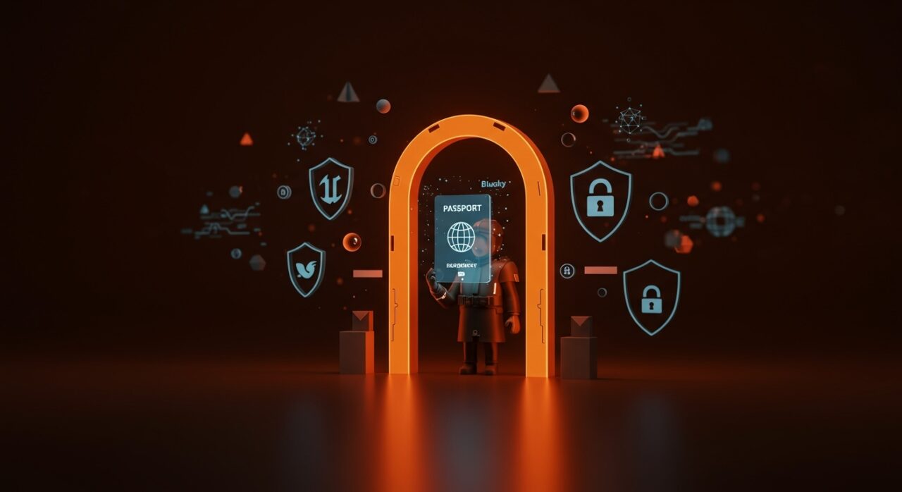 Verificación de edad digital con pasaporte holográfico, simbolizando privacidad y regulación en startups tecnológicas.