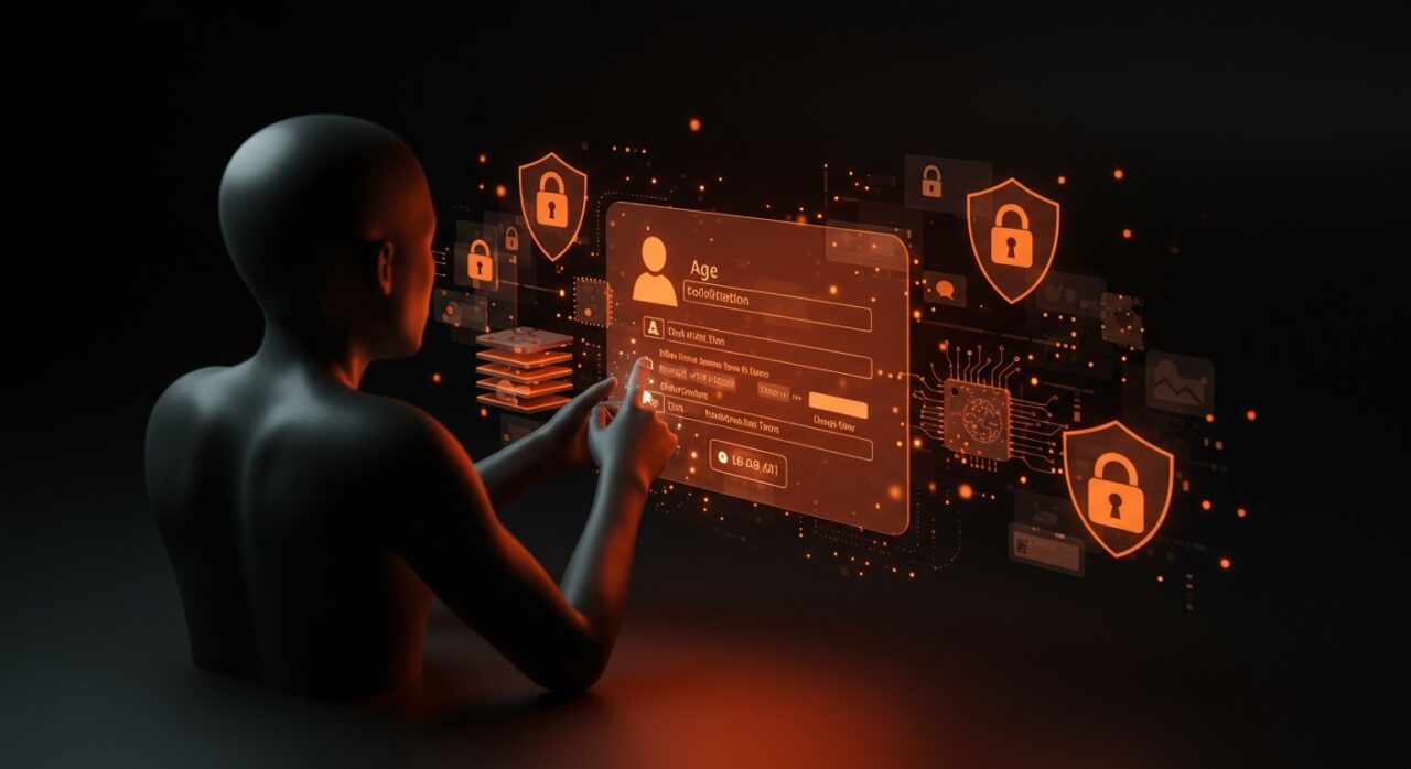 Verificación de edad digital representada con interfaz tecnológica, destacando riesgos de privacidad y regulación online según la Electronic Frontier Foundation.