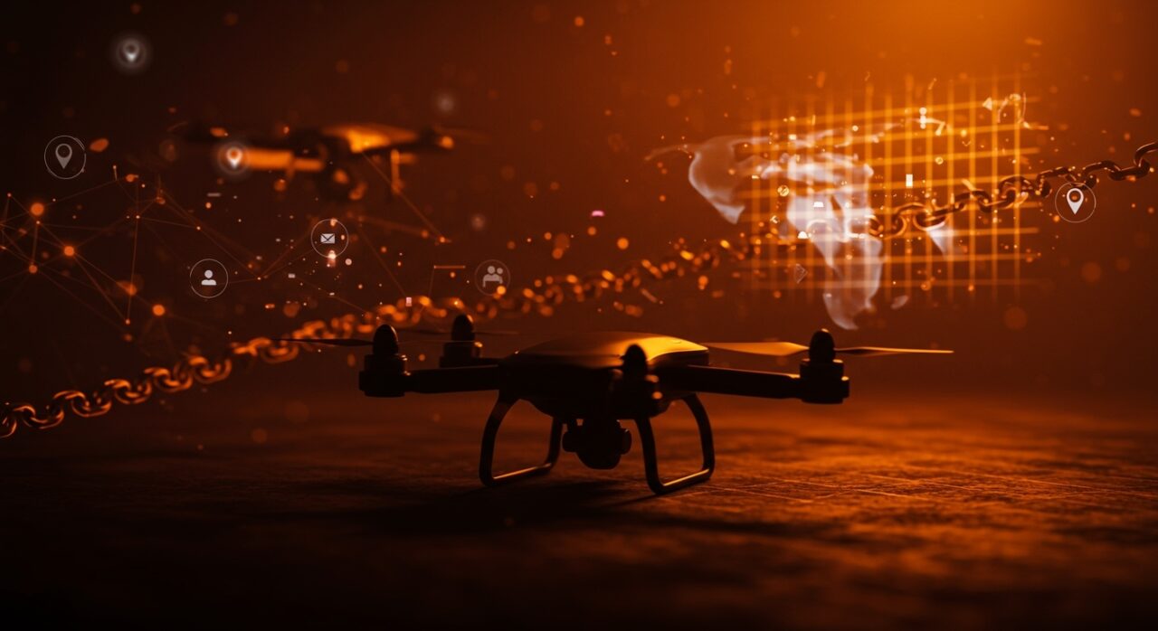 Impacto del veto de EE.UU. a drones extranjeros en el mercado tecnológico y startups de LATAM con metáforas visuales de restricciones y alternativas innovadoras.