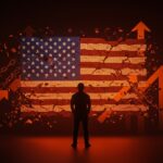 Impacto del veto migratorio de Trump en inmigrantes y emprendedores latinos en Estados Unidos con simbolismo de ciudadanía y desafíos.