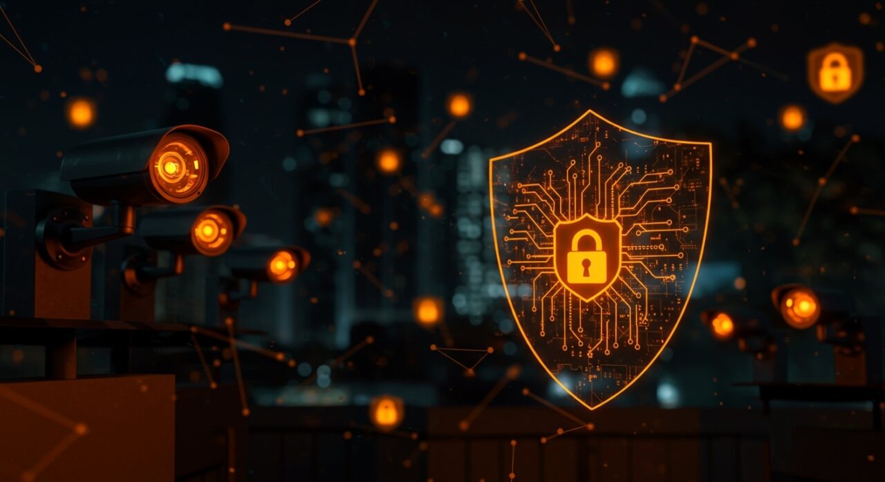 Escena urbana nocturna con cámaras de vigilancia inteligentes y escudo digital en naranja y negro, simbolizando la ciberseguridad y privacidad en tecnología de vigilancia para startups.