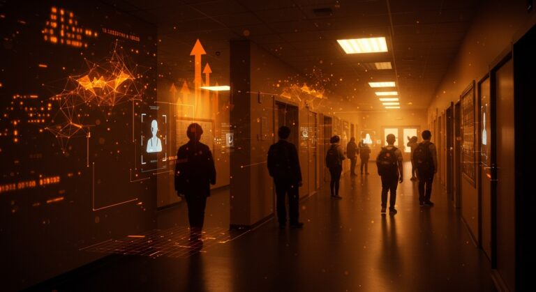 Vigilancia escolar con inteligencia artificial integrando reconocimiento facial y detección de armas para mejorar la seguridad en escuelas de Estados Unidos.