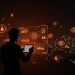 Silueta de fundador frente a interfaz digital que simboliza la vigilancia tecnológica de ICE, privacidad y regulación de datos en startups.