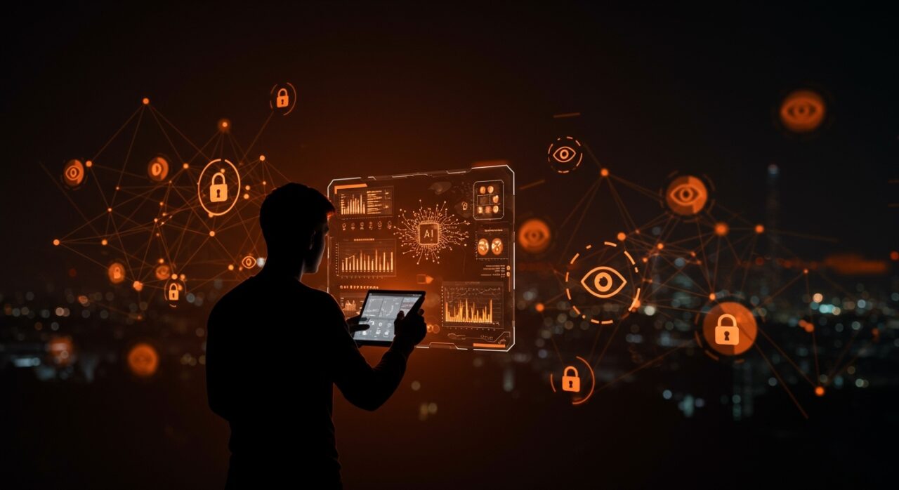 Silueta de fundador frente a interfaz digital que simboliza la vigilancia tecnológica de ICE, privacidad y regulación de datos en startups.