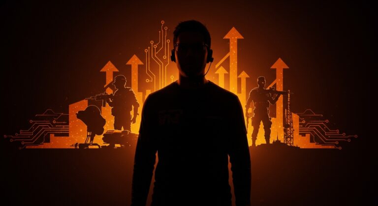 Retrato dinámico de Vince Zampella destacando su legado de innovación y liderazgo en la industria gaming con elementos icónicos de videojuegos.