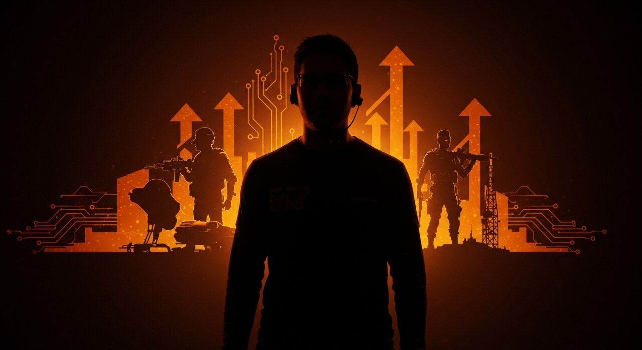 Retrato dinámico de Vince Zampella destacando su legado de innovación y liderazgo en la industria gaming con elementos icónicos de videojuegos.