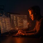 Imagen editorial de un fundador de startup defendiendo una aplicación Next.js contra vulnerabilidades RCE con visuales de ciberseguridad en paleta naranja y negro.