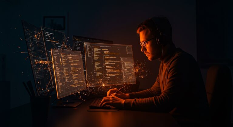 Imagen editorial de un fundador de startup defendiendo una aplicación Next.js contra vulnerabilidades RCE con visuales de ciberseguridad en paleta naranja y negro.