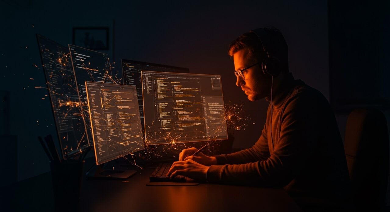 Imagen editorial de un fundador de startup defendiendo una aplicación Next.js contra vulnerabilidades RCE con visuales de ciberseguridad en paleta naranja y negro.