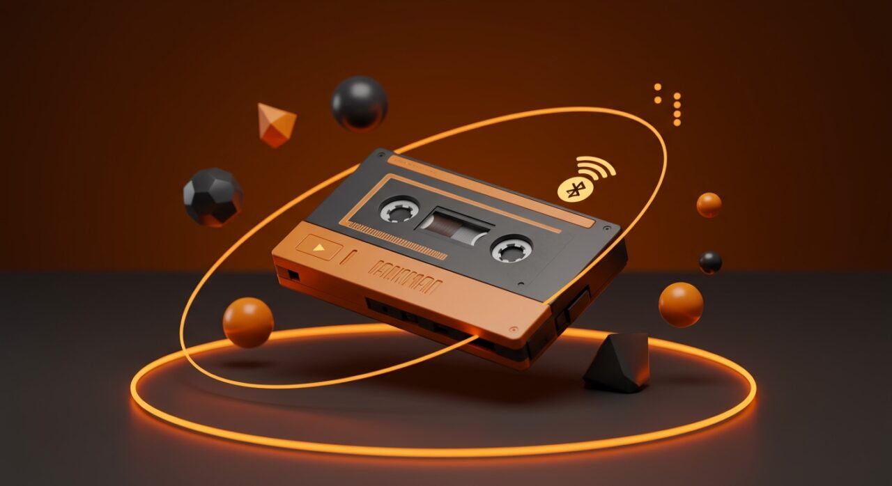 Walkman moderno con tecnología Bluetooth y estilo retro, tendencia en dispositivos portátiles para 2025.