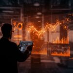 Trader de Wall Street analizando datos de inteligencia artificial y riesgos financieros en un entorno tecnológico avanzado.