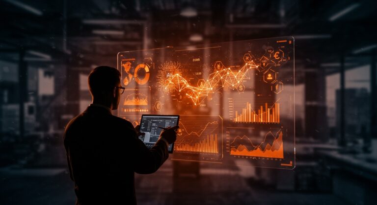 Trader de Wall Street analizando datos de inteligencia artificial y riesgos financieros en un entorno tecnológico avanzado.