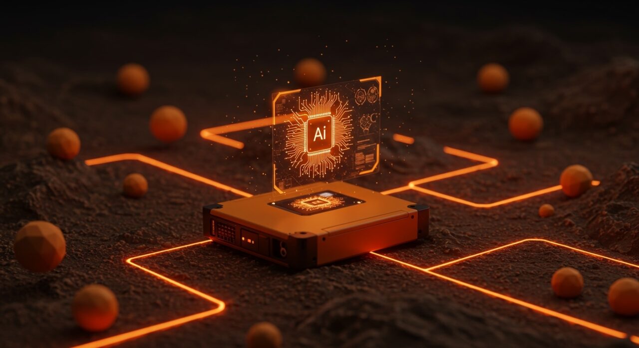 Computadora modular open-source con IA en borde funcionando offline en entorno off-grid, representando tecnología innovadora para startups.