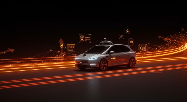 Coche autónomo Waymo en entorno urbano futurista, simbolizando movilidad, automatización y desafíos tecnológicos en startups.