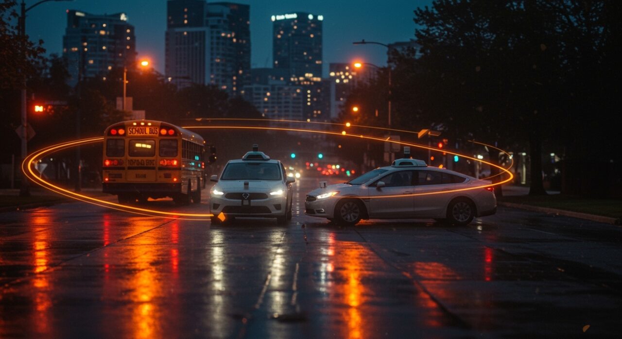 Waymo robotaxi superando un autobús escolar en Austin en un contexto de investigación federal y disrupción en movilidad autónoma.