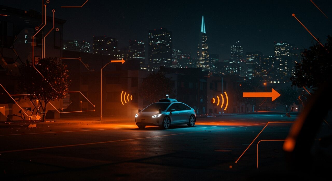 Vehículo autónomo Waymo detenido en San Francisco durante apagón, ilustrando desafíos de movilidad autónoma y tendencias tecnológicas.