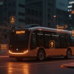 Waymo robotaxi escolar detenido en ciudad futurista ilustrando recall de software y desafíos de regulación en movilidad autónoma.