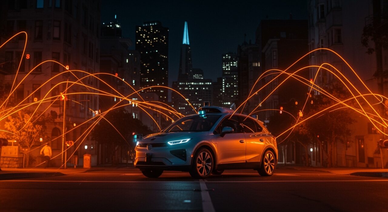 Vehículo autónomo Waymo detenido en apagón de San Francisco reflejando retos en movilidad autónoma e infraestructura tecnológica.