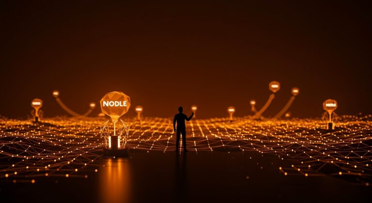 Cofundador de WeTransfer lanzando Nodle en un paisaje digital futurista que representa innovación y crecimiento en transferencia de archivos SaaS.