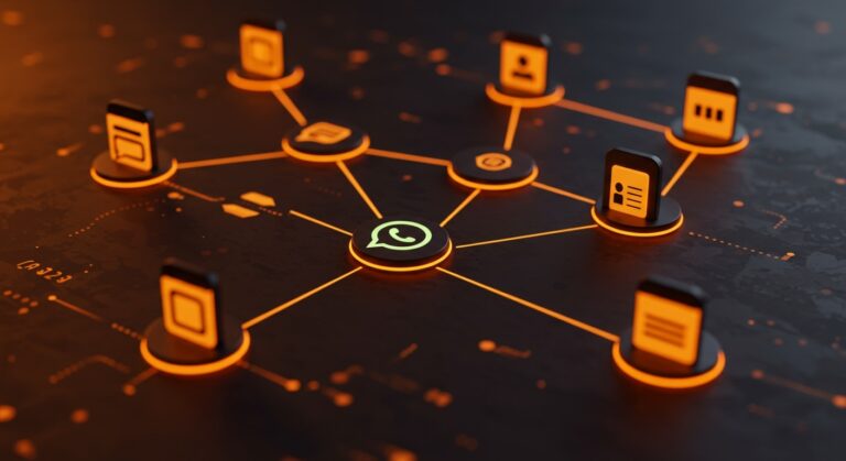 Interoperabilidad de WhatsApp con otras apps de mensajería en Europa bajo la DMA, representada como red digital y flujo de datos tecnológicos.