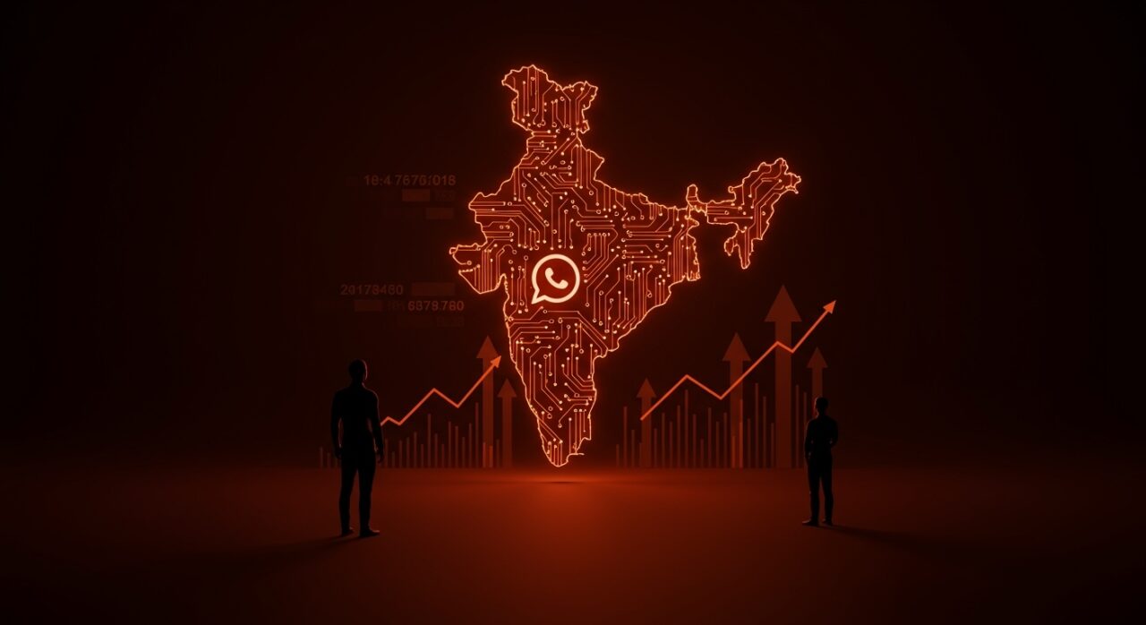 Silhouette of a leader observing a digital map of India with glowing circuits, representing WhatsApp challenges amid new technology regulations in the Indian tech market.