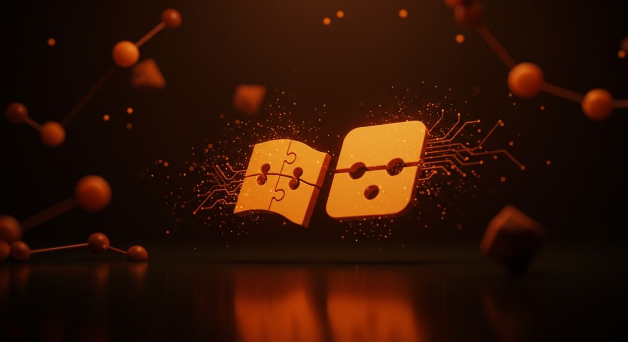 Integración de Win32 como ABI estable en Linux representada con símbolos de compatibilidad y software libre en un estilo editorial cinematográfico.