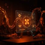 Equipo fintech utilizando tecnología XRP para pagos cripto y nómina descentralizada en un entorno colaborativo con visualizaciones de blockchain.