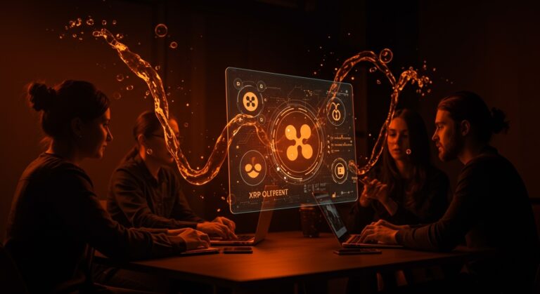 Equipo fintech utilizando tecnología XRP para pagos cripto y nómina descentralizada en un entorno colaborativo con visualizaciones de blockchain.