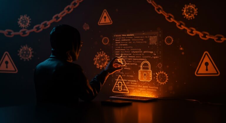 Experto en ciberseguridad analizando backdoor en software open source con metáforas visuales sobre vulnerabilidad y protección en Linux y cadena de suministro.