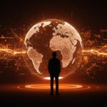 Yann LeCun frente a un modelo digital del mundo, simbolizando su startup de inteligencia artificial y su objetivo de financiación de 5 mil millones de dólares.