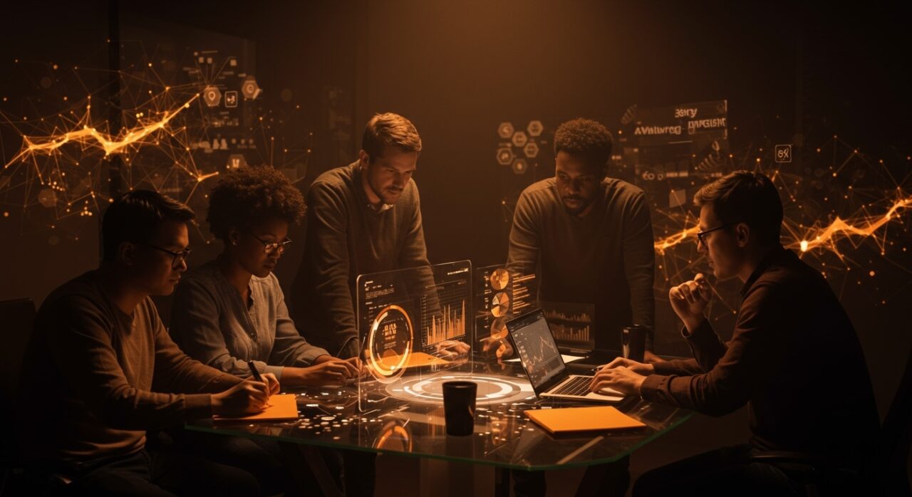 Fundadores tecnológicos colaborando con inteligencia artificial aplicada para impulsar la valoración y escalabilidad de su startup.