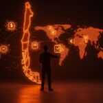 Fundador fintech frente a un mapa digital de Latinoamérica iluminado en naranja, simbolizando la expansión y la innovación en pagos digitales y inteligencia artificial en Chile y LATAM.